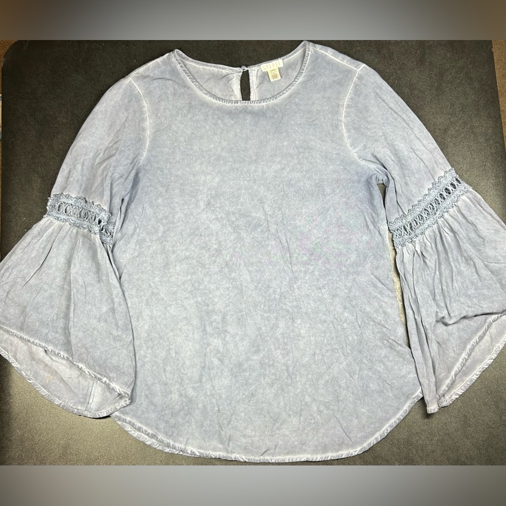 Spense Size M Oil Wash Crochet Sleeve Turquoise Blue Boho Hippie Top